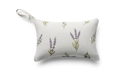 Small rectangular lavender sachet pillow with floral pattern isolated on white background