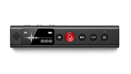 Black digital voice recorder with red button isolated on white background