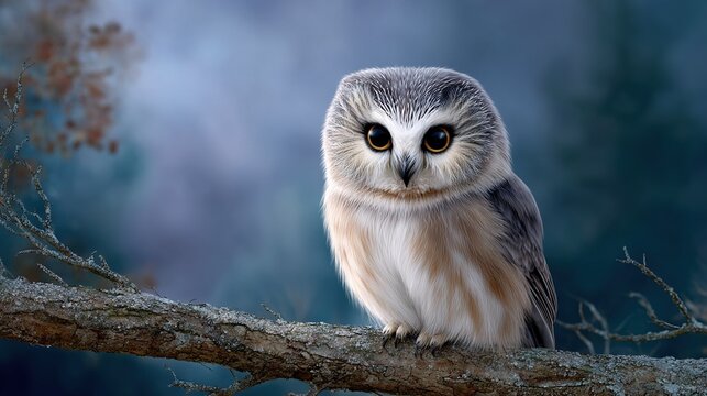   A focused view of an owl perched on a tree limb against a blue backdrop, with the surrounding foliage blurred