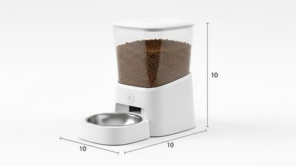 3D rendered white automatic pet feeder with brown kibble on a isolated on white background