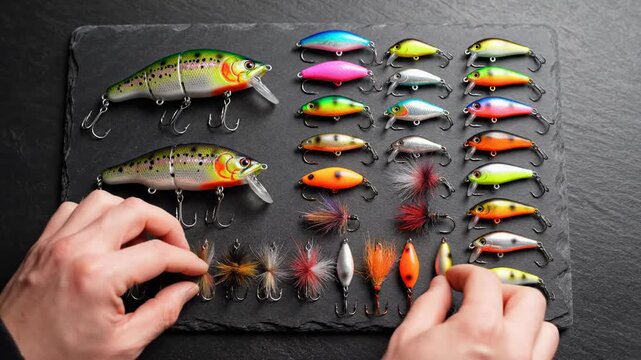 Slow motion top-down view of vibrant fishing lures and metal hooks being meticulously placed in a perfectly organized knolling pattern on a slate surface commercialuse, flatlay, meticulously placed