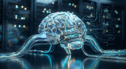 Futuristic Artificial Intelligence (AI) Quantum Brain Concept. Glowing Metallic Processor Connected by Fiber Optics in a Data Center Server Room.
