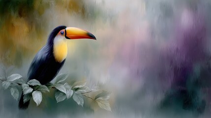 Obraz premium A sharp image of a vibrant toucan perched on a leafy branch against a clear, detailed background