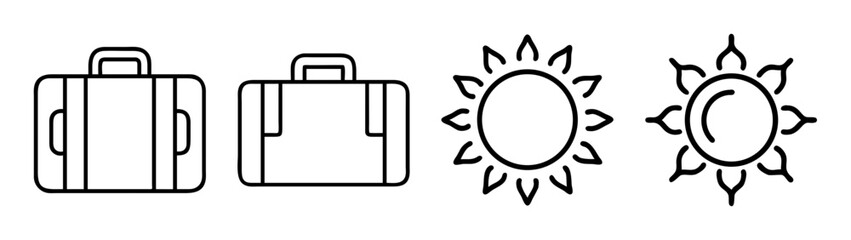 Summer travel vacation luggage and sun vector outline icons set