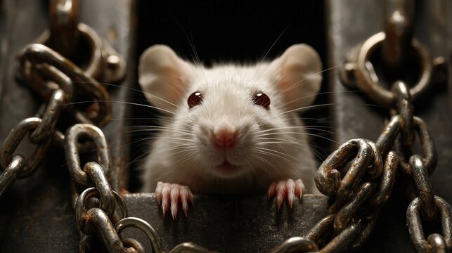   Close-up of a rat on a chain with its face poking out of its cage