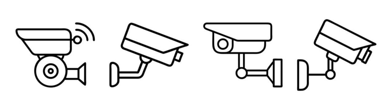 Security camera icons set, modern line art surveillance system