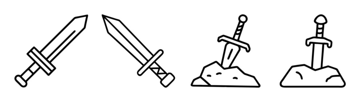 Simple black outline fantasy swords and legend sword in stone.
