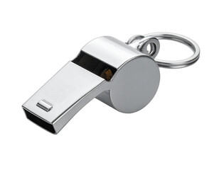 Shiny, metallic whistle with a ring, against a black background, perfect for emergency use