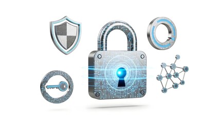 A digital illustration of a padlock surrounded by security icons on a white background