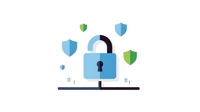 A blue padlock with shields floating around it on a white background - Powered by Adobe