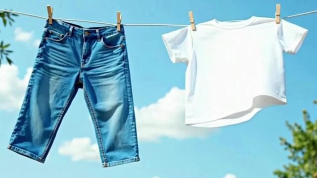 White t-shirt and denim pants suspended from a clothesline blowing in the wind against blue sky
