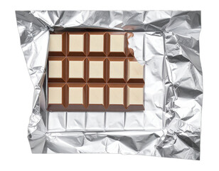 Close-up of a half-eaten chocolate bar wrapped in crinkled foil, top-down view