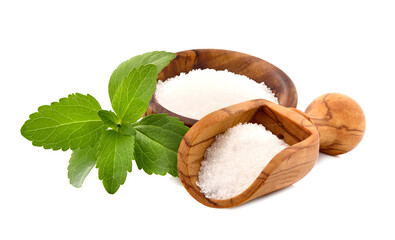 Stevia rebaudiana, sweet leaf sugar substitute isolated in wooden bowl on white background