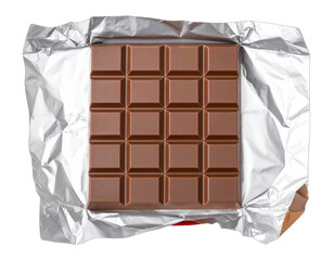 A close-up, top-down view of a milk chocolate bar, unwrapped and sitting on foil