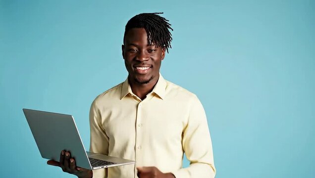 Professional portrait of a man with laptop against blue studio background.