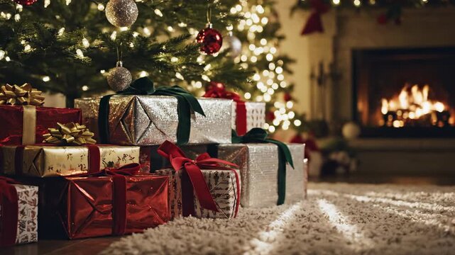 Slow motion tracking shot circling carefully wrapped holiday gifts stacked near the base of a glowing indoor Christmas tree casting long soft shadows abstract, warmlight, christmas tree