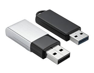 Two rectangular USB flash drives, one silver, one black, with metallic connector