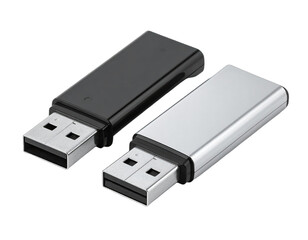 Two USB flash drives, one black and one silver, lying on a dark background