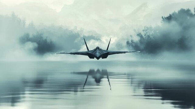 modern advanced f-35 fighter jet flying over water, stealth combat f-22 plane performing low-altitude flight over sea 4k