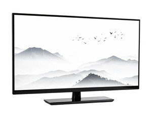 Modern display screen with mountain range image against a white sky and perched on a stand