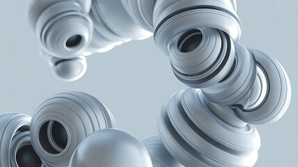 Futuristic metallic sculpture with interconnected spiral components on gray background, abstract sci fi art piece with robotic elements and smooth curves