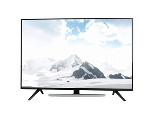Modern flat-screen television displaying a mountainous winter landscape against a black backdrop