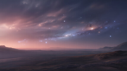 Obraz premium Cosmic landscape with starry night sky and galaxy over rugged terrain at dusk or dawn with purple and pink hues