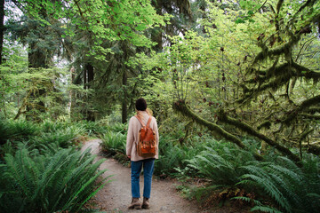 Tourist in Hoh Rain Forest, National forest in Washington State