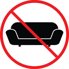 No Sofa Icon. Furniture restriction and no sitting signs. Couch prohibition symbols. No lounging graphic design. 
