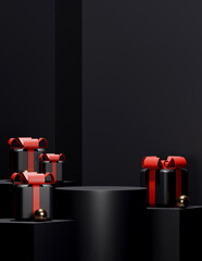3D Black Friday podium with black gift boxes and red ribbons.