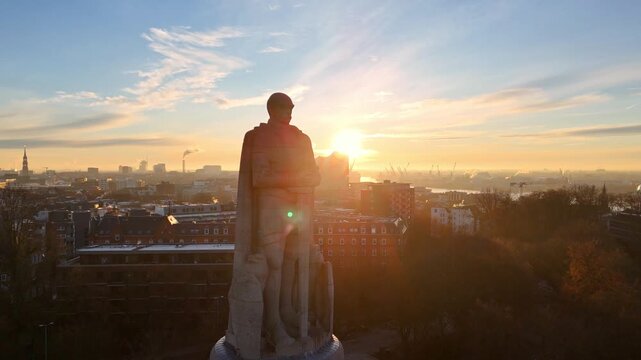 Aerial drone video (rotating) of the famous Bismarck Memorial at sunrise in Hamburg