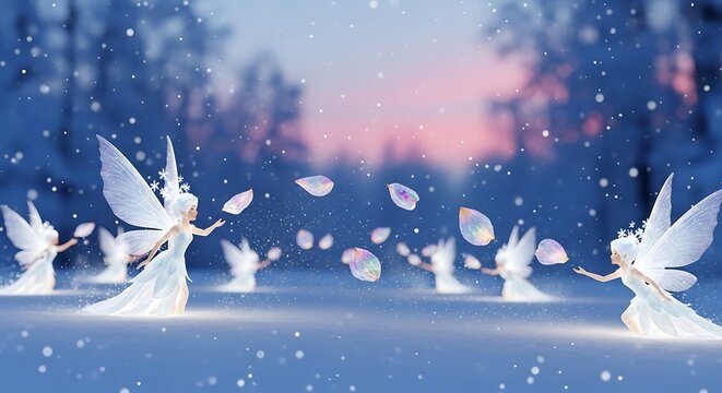 Whimsical fairies in snowy forest scene.
