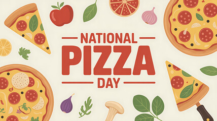 National pizza day celebration with various pizza slices and toppings on a light background