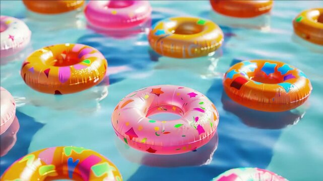 A fun and playful scene featuring a variety of vibrant donut-shaped pool floats floating on a clear blue water surface.