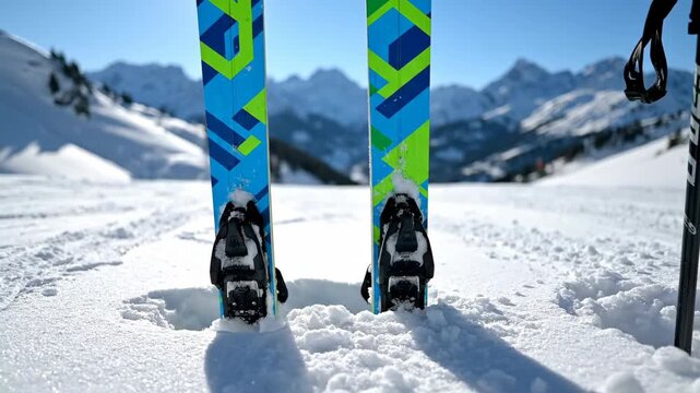 Skis stand upright in fresh snow, bindings clearly visible with vibrant blue and green patterns, set against majestic snow-covered mountains under bright sun