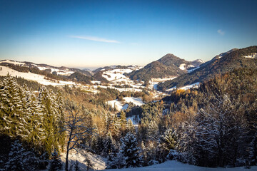 winter mountain landscape, mariazellerbahn, railway, himmelstreppe, mariazell, austria, lower austria, alps, snow, 