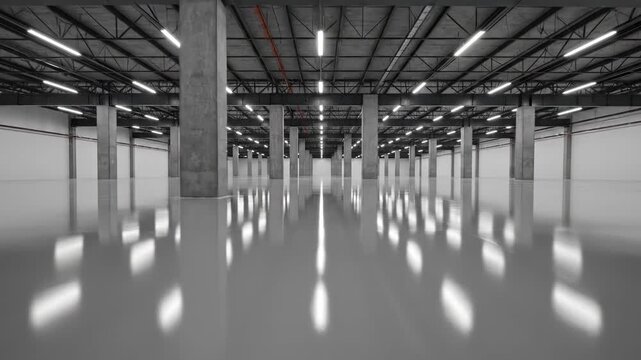 Slow motion tracking shot showcasing the pristine reflective epoxy floor and the solid concrete support columns of a newly completed enormous storehouse realestate, unoccupiedbuilding, wideangle