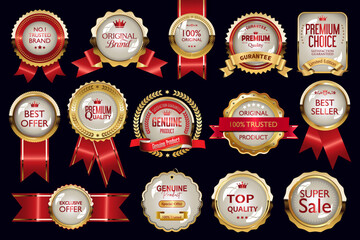 Gold Premium quality stamp, Best seller logo, Super sale product 100% trusted brand stickers with exclusive offer icon discount badges template design