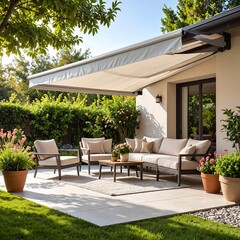 A cozy patio featuring stylish chairs and tables arranged beneath a large, colorful umbrella, creating a perfect spot for outdoor relaxation and dining.