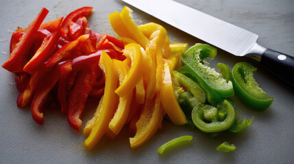Sliced red, yellow, and green bell peppers arranged on a gray surface with a kitchen knife beside them. Fresh vegetables for cooking or healthy eating.