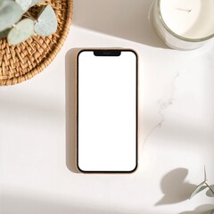 A sleek smartphone with a bright white screen, resting on a wooden table, showcasing its modern design and minimalist aesthetic.