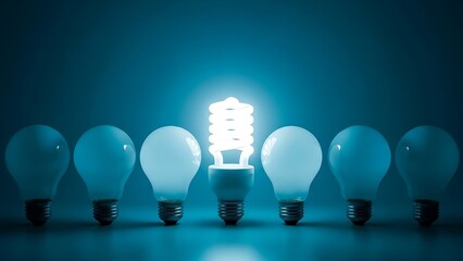 Glowing energy-saving spiral light bulb standing out from a row of dark incandescent bulbs on a blue background, concept of innovation and bright ideas