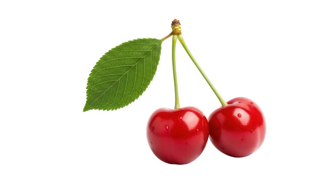 Two ripe red cherries with a green leaf isolated PNG, fresh summer fruit on transparent background for healthy eating and dessert concepts