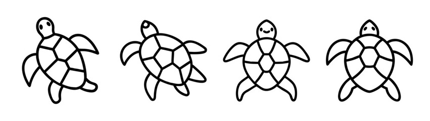 Line art of four cute sea turtles swimming in a minimalist style.