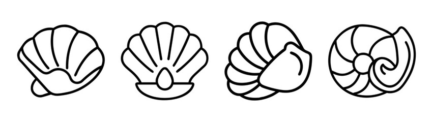 Outline vector set of diverse marine seashells and pearl icons