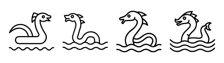Loch ness monster icon set, mythical lake creature outline art