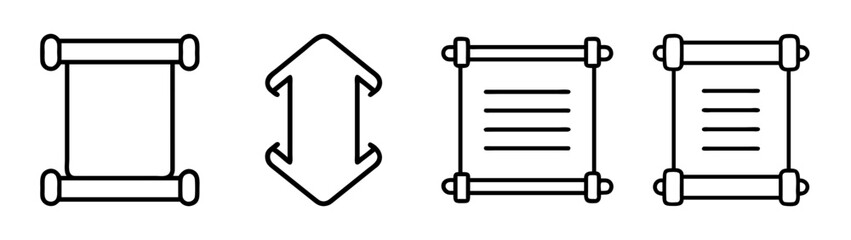 Scroll document icons set with text lines, blank parchment, arrow