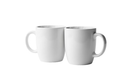 Two white ceramic mugs isolated on transparent background, blank coffee cups for branding and...