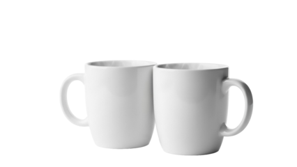 Two white ceramic mugs isolated on transparent background, blank coffee cups for branding and design mockups PNG
