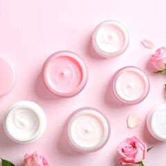 A soft pink background showcases an arrangement of elegant white jars, each adorned with delicate flowers, creating a serene and charming atmosphere.